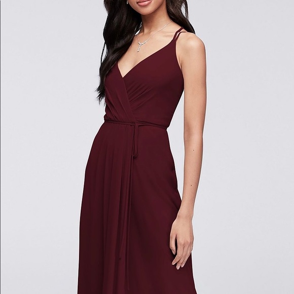 David’s Bridal Wine Double Strap Long Georgette Wrap Bridesmaids Dress - Picture 2 of 12